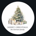 Modern Watercolor Merry Christmas Tree Classic Round Sticker<br><div class="desc">Modern Watercolor Merry Christmas Tree Non Photo Holiday Card</div>
