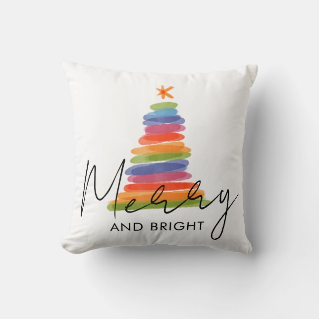 Modern Watercolor Merry Christmas Tree Cushion (Front)