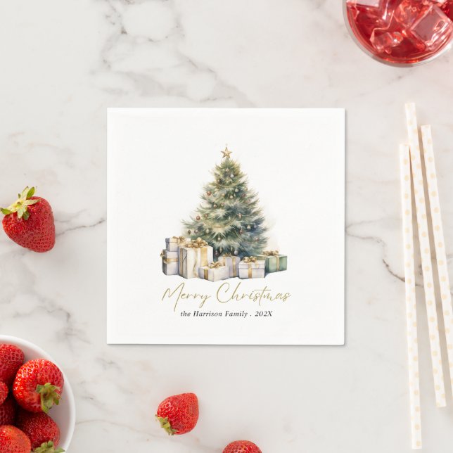 Modern Watercolor Merry Christmas Tree  Napkin (Insitu)