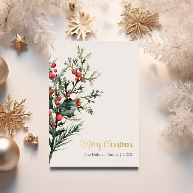 Modern Watercolor Mistletoe Christmas Gold Foil Holiday Card (Modern Watercolor Mistletoe Christmas Gold Foil Holiday Card on a table with Chirstmas decoration.)