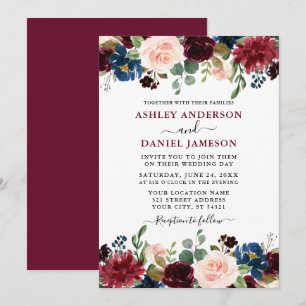 Modern Watercolor Mixed Floral Burgundy Wedding Invitation