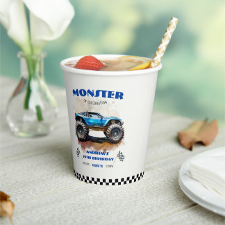 Modern Watercolor Monster Truck Blue Boy Birthday  Paper Cups