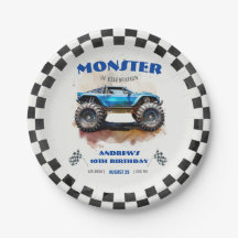Modern Watercolor Monster Truck Blue Boy Birthday 