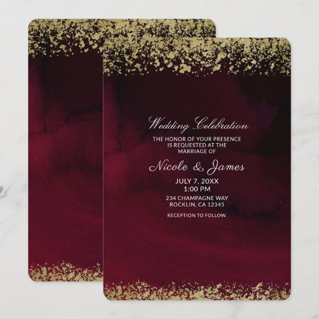 Modern Watercolor Moody Maroon & Gold Wedding Invitation (Front/Back)