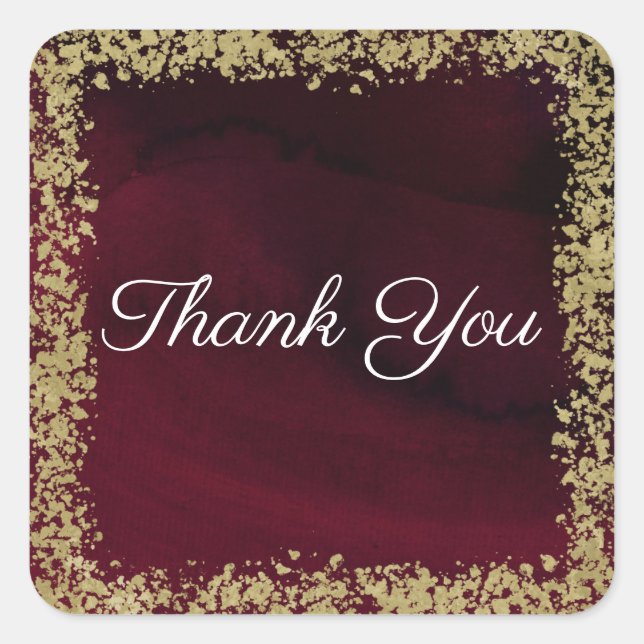 Modern Watercolor Moody Maroon & Gold Wedding Square Sticker (Front)