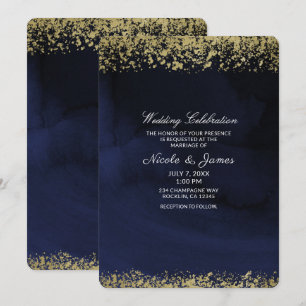 Modern Watercolor Moody Navy Blue & Gold Wedding Invitation