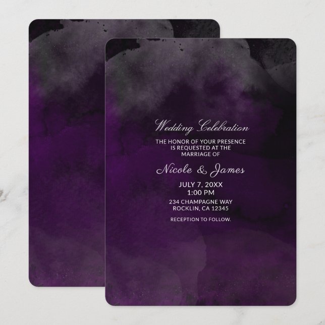Modern Watercolor Moody Plum Purple Chic Wedding Invitation (Front/Back)