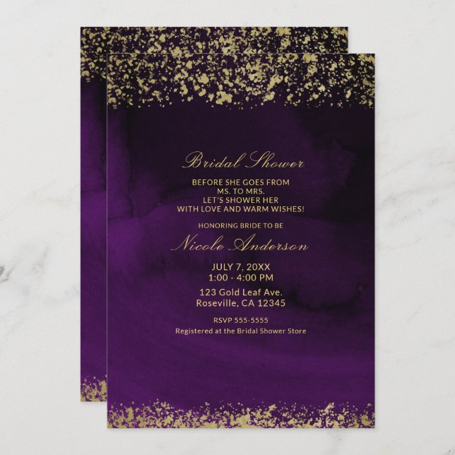 Modern Watercolor Moody Purple Gold Bridal Shower Invitation (Front/Back)