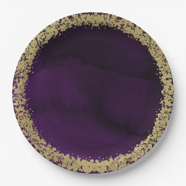 Modern Watercolor Moody Purple & Gold Wedding Paper Plate (Front)