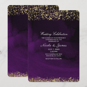 Modern Watercolor Moody Royal Purple Gold Wedding Invitation