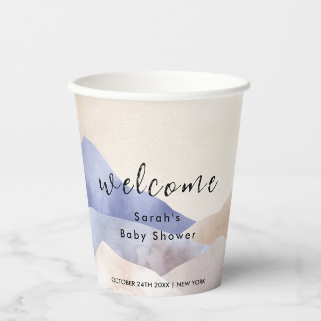 Modern Watercolor Mountain Baby Shower Welcome Paper Cups (Front)