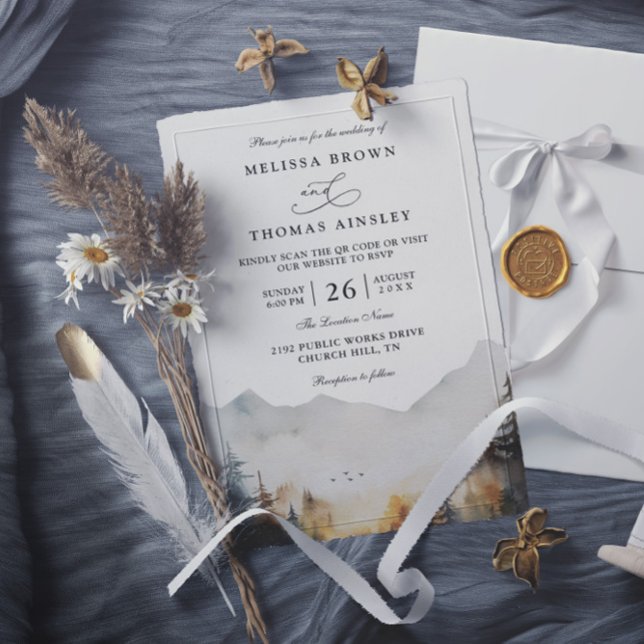 Modern Watercolor Mountain Elegant QR Code Wedding Invitation (Creator Uploaded)