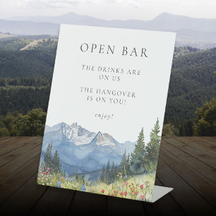 Modern Watercolor Mountain Floral Wedding Open Bar Pedestal Sign