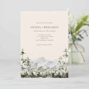 Modern Watercolor Mountain Forest Wedding Green Invitation