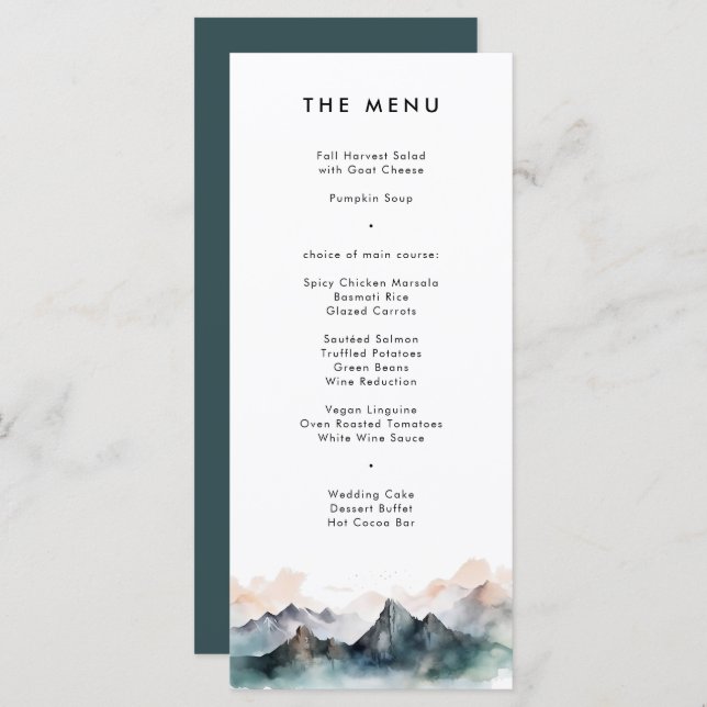 Modern Watercolor Mountain Landscape Wedding  Menu (Front/Back)