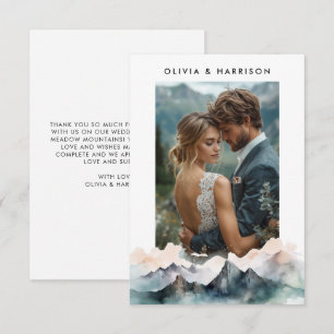 Modern Watercolor Mountain Landscape Wedding Photo Thank You Card