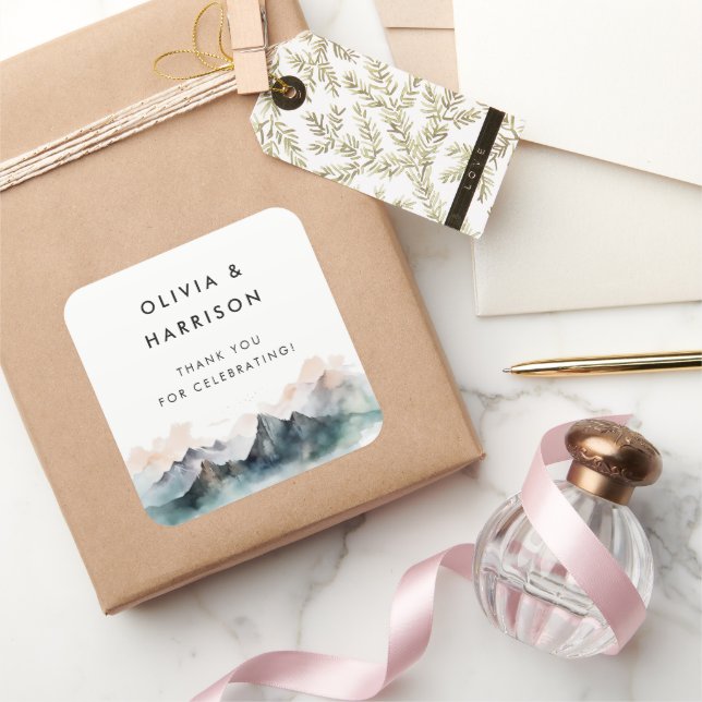 Modern Watercolor Mountain Landscape Wedding Square Sticker (Gifting)