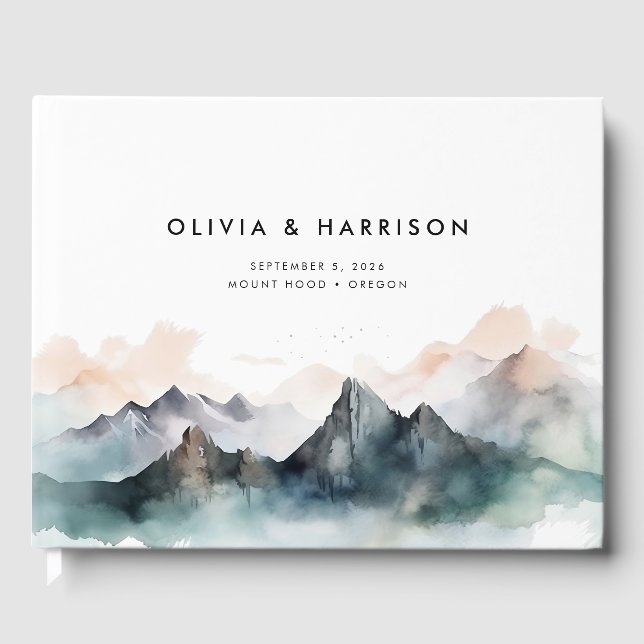 Modern Watercolor Mountain Range Landscape Wedding Guest Book (Front)