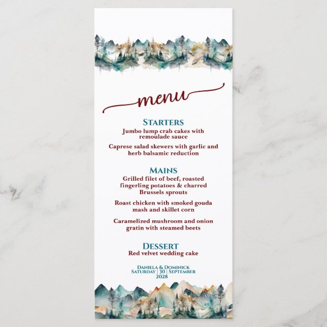 Modern Watercolor Mountain Wedding Menu 4 x 9 (Front)