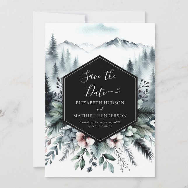  Modern Watercolor Mountain Wedding Save The Date (Front)