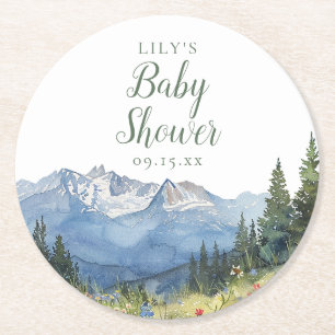 Modern Watercolor Mountain Wildflower Baby Shower Round Paper Coaster