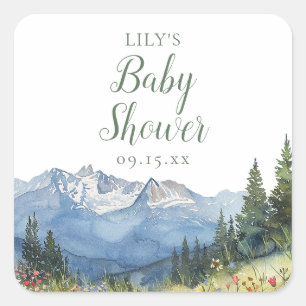 Modern Watercolor Mountain Wildflower Baby Shower Square Sticker