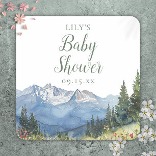 Modern Watercolor Mountain Wildflower Baby Shower Square Sticker