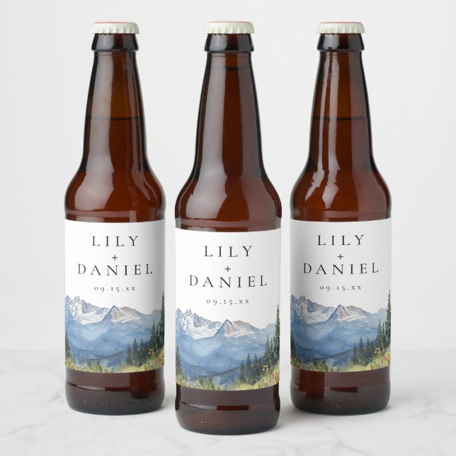 Modern Watercolor Mountain Wildflower Wedding Beer Bottle Label (Bottles)