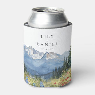 Modern Watercolor Mountain Wildflower Wedding Can Cooler