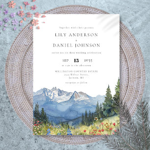 Modern Watercolor Mountain Wildflower Wedding Invitation