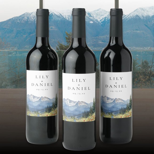 Modern Watercolor Mountain Wildflower Wedding Wine Label (Modern Watercolor Mountain Wildflower Wedding Wine Label)