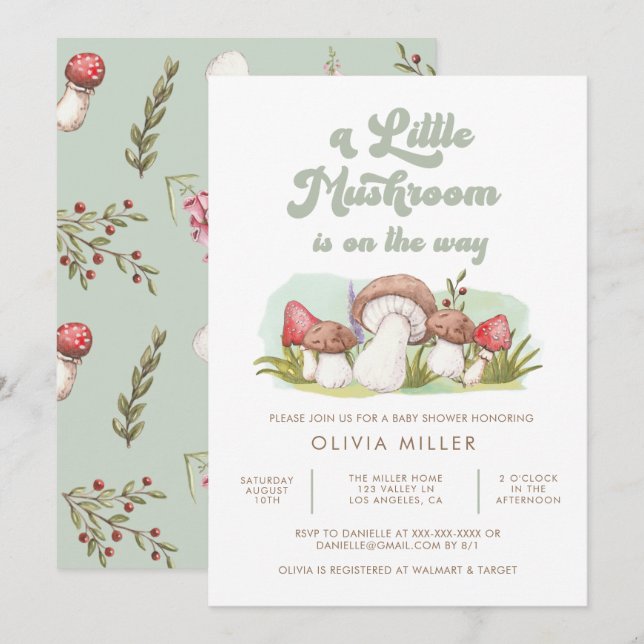 Modern Watercolor Mushroom Baby Shower Invitation (Front/Back)