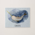 Modern Watercolor Narwhal Blue Ocean Personalised Jigsaw Puzzle<br><div class="desc">Modern Watercolor Narwhal Blue Ocean Personalised Puzzle</div>