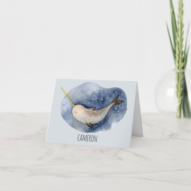 Modern Watercolor Narwhal Blue Ocean Personalised Note Card (Front)