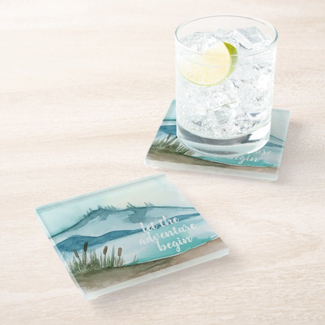 Modern Watercolor Nature Let's The Adventure Begin Glass Coaster (Angled)