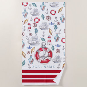 Modern Watercolor Nautical Boat Name Beach Towel