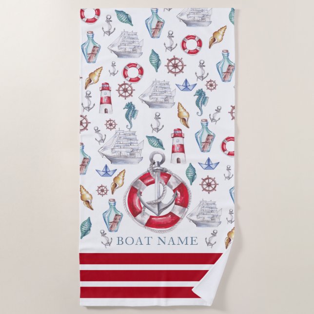 Modern Watercolor Nautical Boat Name Beach Towel (Front)
