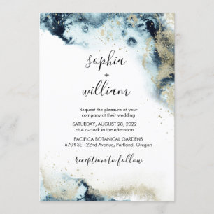 Modern Watercolor Navy Blue & Gold Wedding Invitation