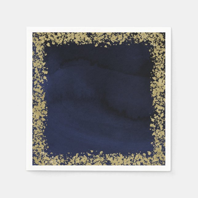Modern Watercolor Navy Blue & Gold Wedding Napkin (Front)