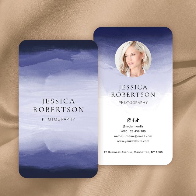 Modern Watercolor Navy Blue Photo Elegant Business Card (Navy blue custom photo business cards with elegant layout and minimal serif fonts)