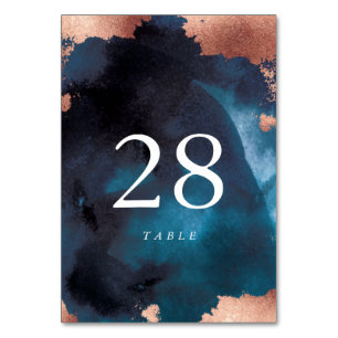 Modern Watercolor Navy Blue Rose Gold Wedding Table Number