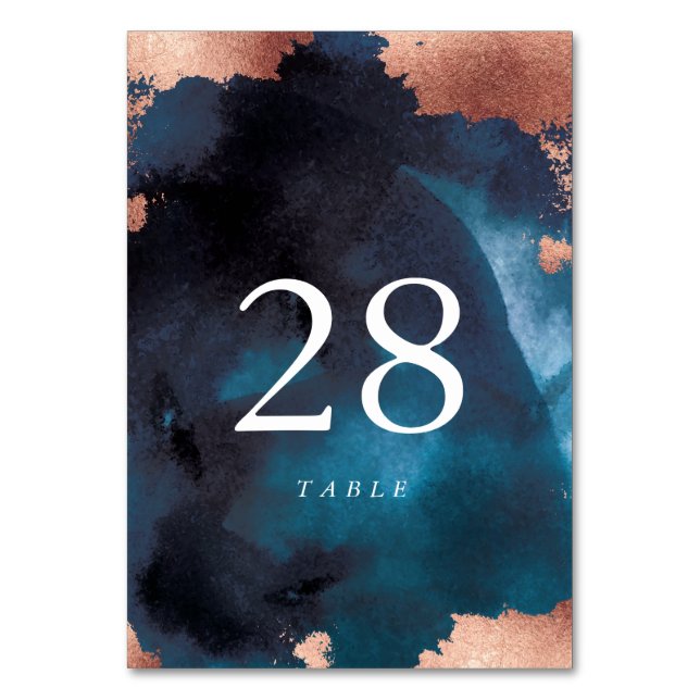 Modern Watercolor Navy Blue Rose Gold Wedding Table Number (Front)