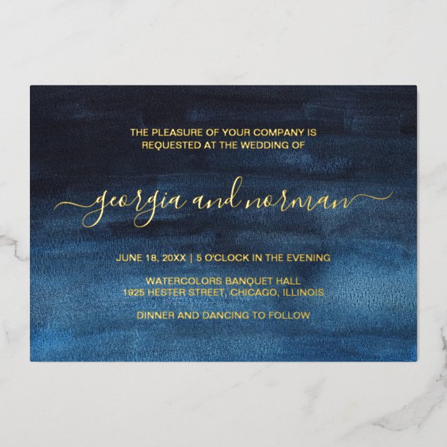 Modern Watercolor Navy Blue Wedding Gold (Front)