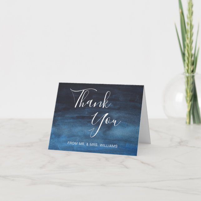 Modern Watercolor Navy Blue Wedding Thank You Card (Front)