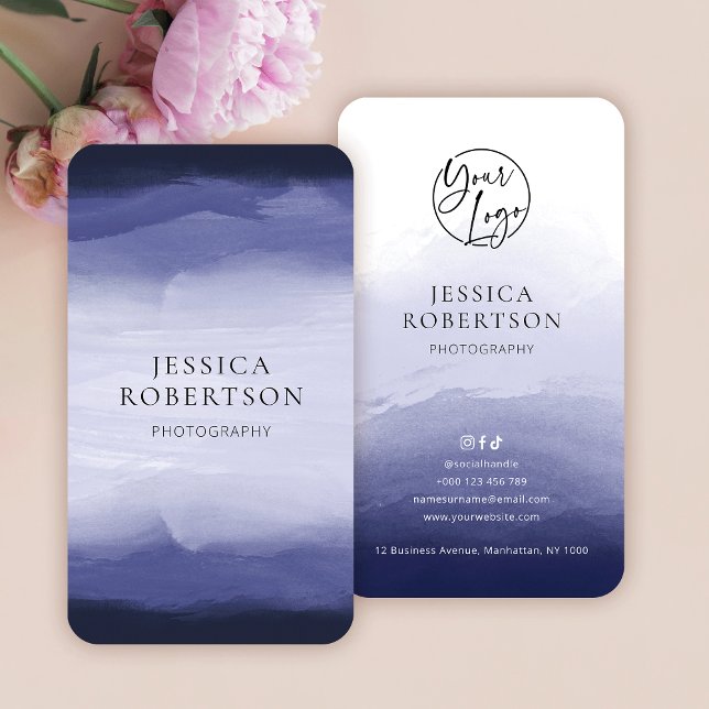 Modern Watercolor Navy Dark Blue Professional Logo Business Card (Elegant navy blue watercolor business cards with your brand logo)