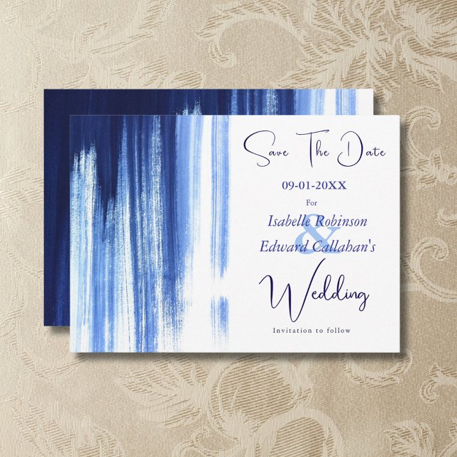 Modern Watercolor Navy Paint Brush Stripes Save The Date (Creator Uploaded)