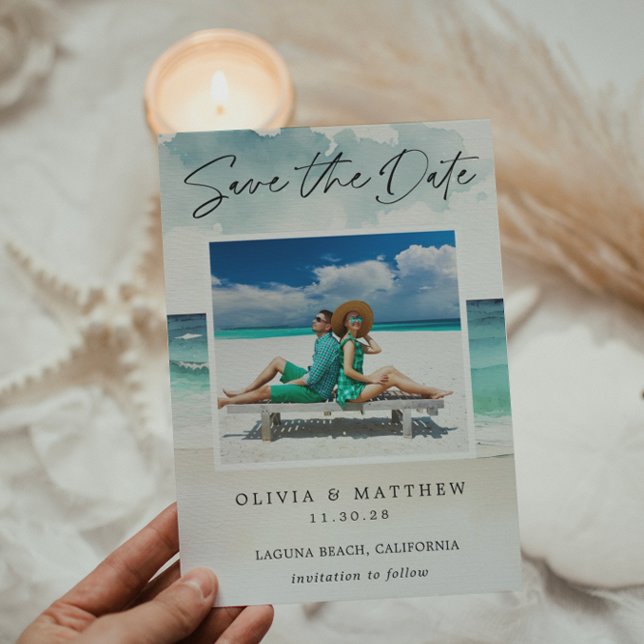 Modern Watercolor Ocean Beach Photo Save the Date  (Creator Uploaded)