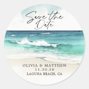 Modern Watercolor Ocean Beach Save the Date  Classic Round Sticker