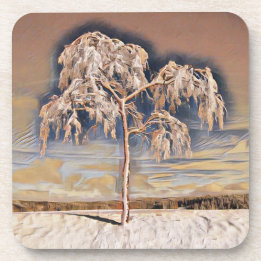 Modern watercolor of colored snowed trees coaster