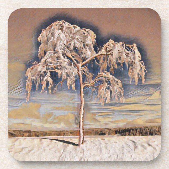 Modern watercolor of colored snowed trees coaster (Front)